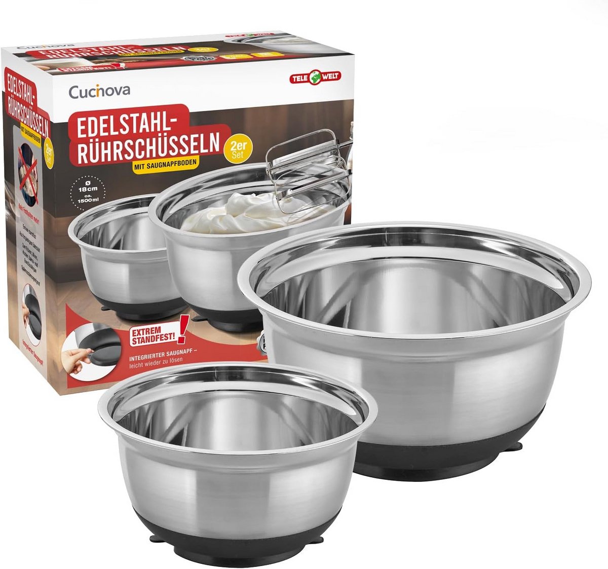 Mengkom set RVS met Antislip Zuignapbodem - 2 Stuks