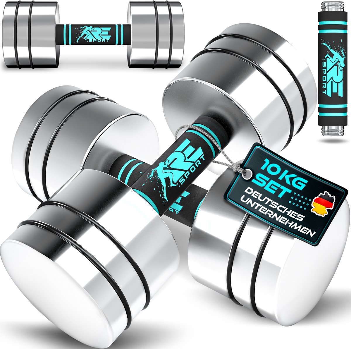 RE:SPORT Set van 2 halters van massief staal, 2,5/5/7,5/10 kg, korte halter met gewichten en schuimrubberen handgreep, fitness, korte halters, thuisgym, krachttraining en spieropbouw (turquoise, 2 x 10kg)