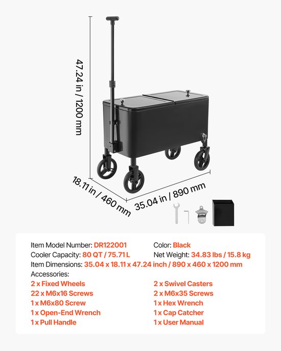80 Quart Rolling Cooler Cart met telescopische handgreep en zwenkwielen, draagbare drankopslag voor buitenevenementen, terras, strand of feestjes, zwart — afbeelding 4