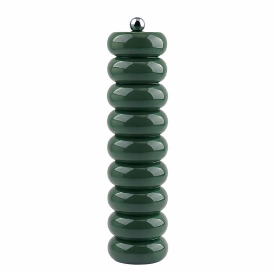 Donkergroene pepermolen met stapelbare, ronde elementen, bekroond met een zilveren knop. Geïsoleerd op een witte achtergrond.