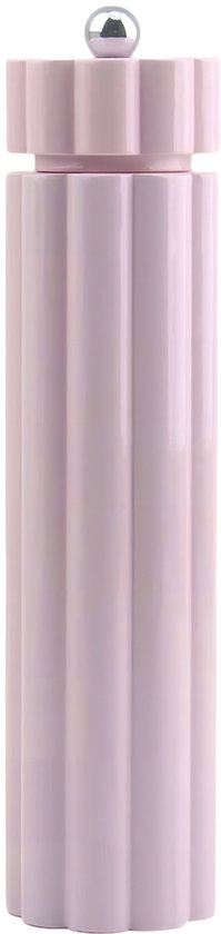 Roze peper- of zoutmolen met verticale ribbels en zilveren knop.