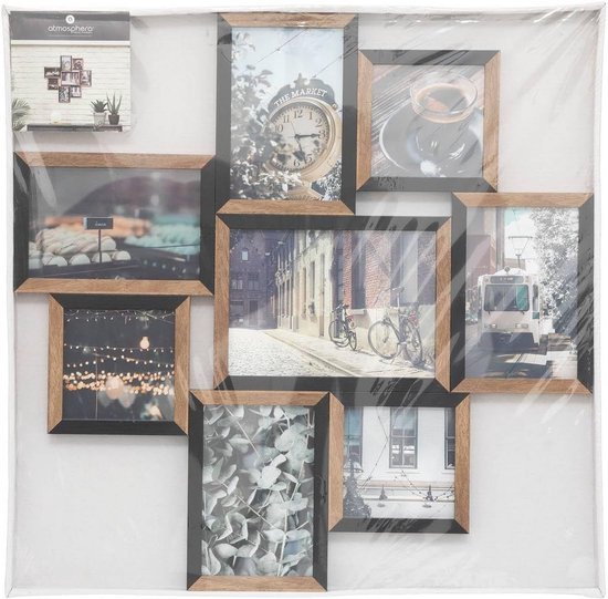 Collage fotolijst met 7 vakken, houten randen, met afbeeldingen van o.a. een klok, koffie en straatscènes.