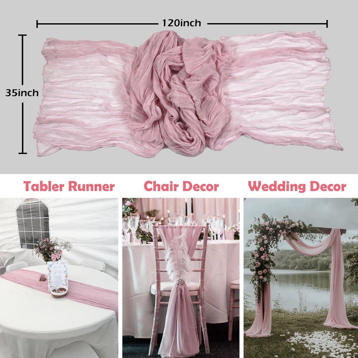 Set van 6 Lange Tafellopers Gaasdoek 300 cm Roze Decoratie voor Bruiloft en Feest