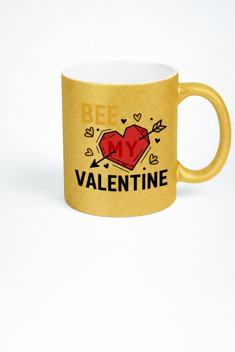 Gouden Glitter Mok 'Bee My Valentine' met Hart - Valentijnscadeau
