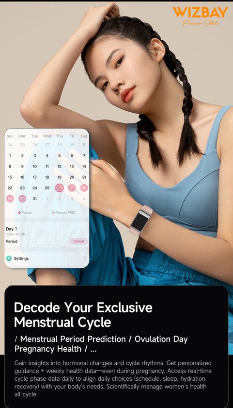 Model met een rosé slimme armband, horloge met zwart display met rasterpatroon. Een kalender wordt weergegeven.