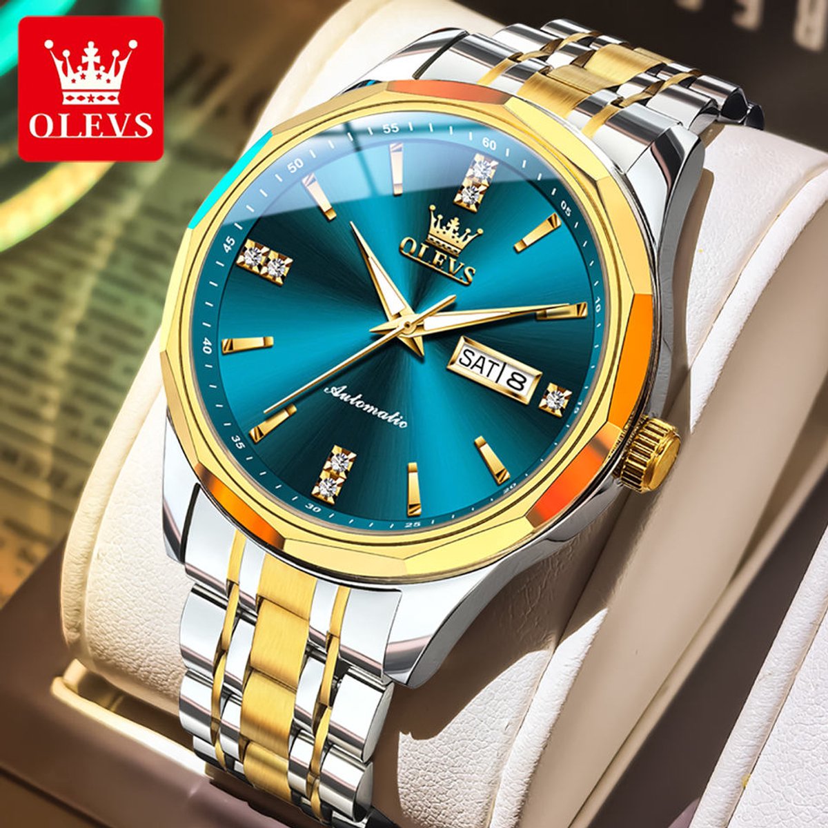 HO-7056.gz-bl : Olevs automatisch mechanisch goud-zilverkl edelstalen Tourbillon horloge, blauwe wijzerplaat, kalenderdag, dagnaam