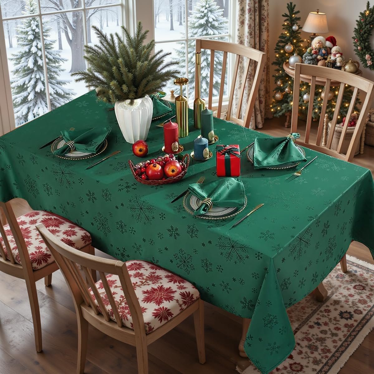 Rechthoekig Kerst Tafellaken Jacquard Groen Sneeuwvlok 150x250 cm