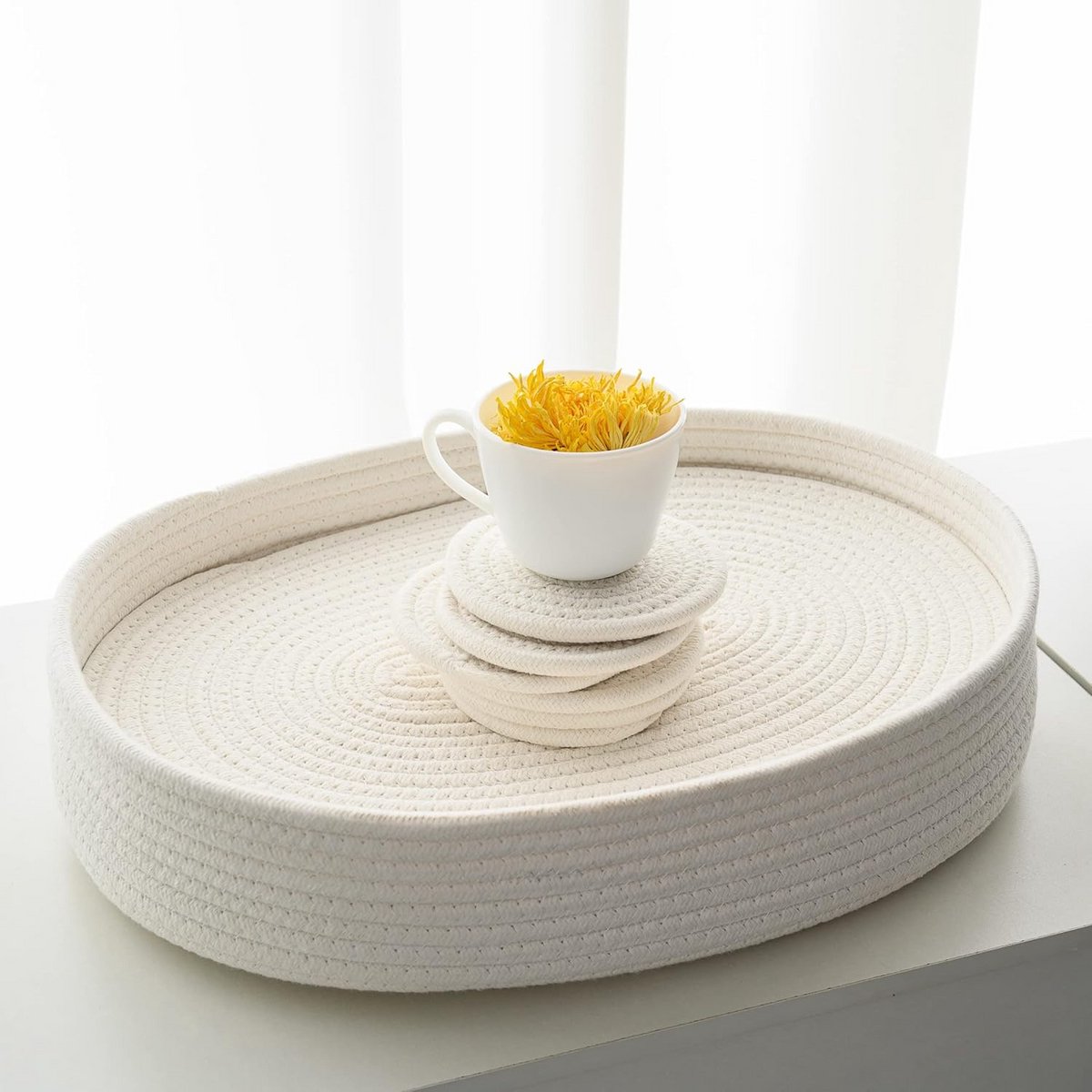 Set van 6 Ovalen Placemats en Opbergmand van Katoenen Touw - Hittebestendig en Wasbaar