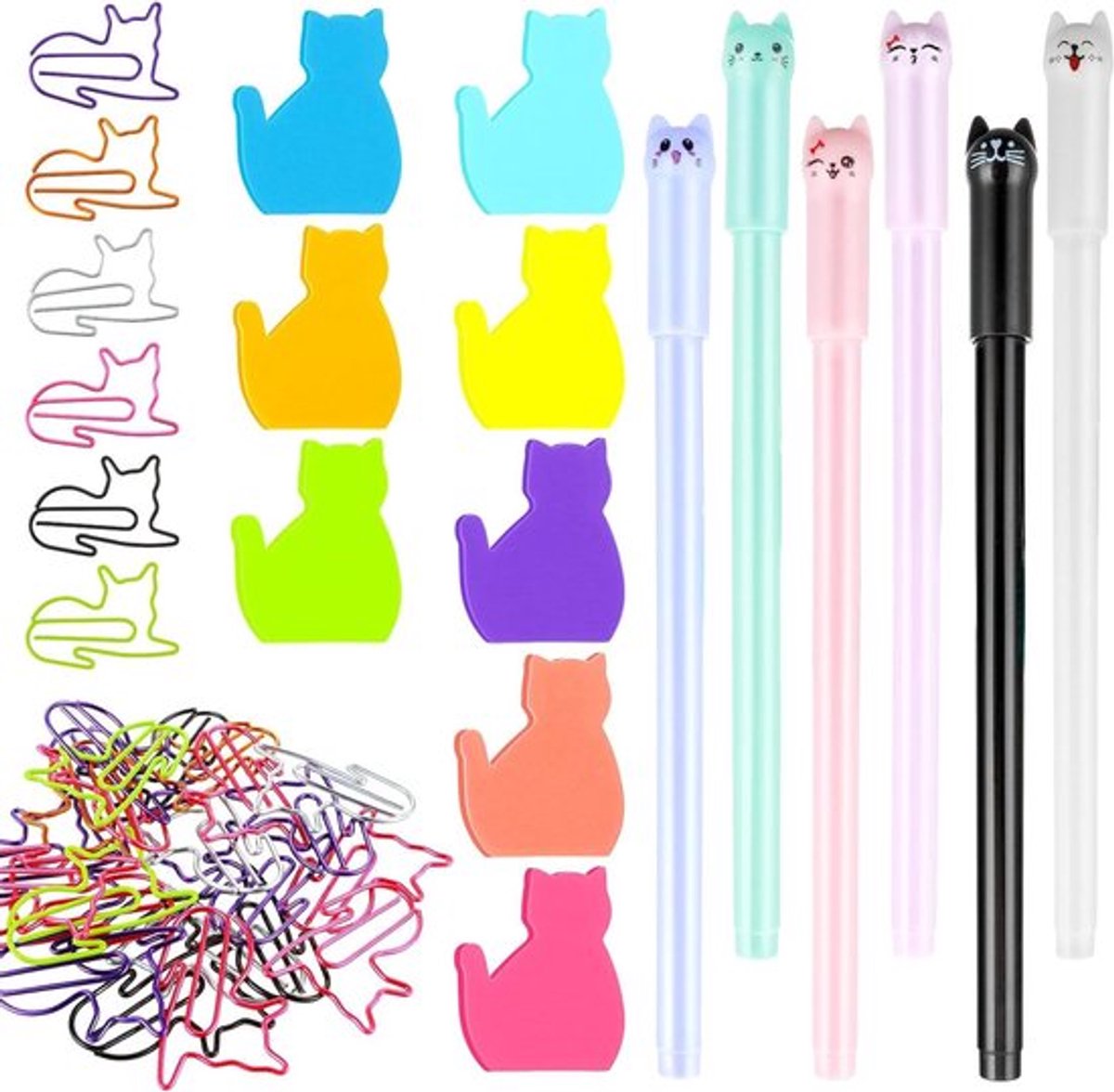 Kattenstiften en schoolbenodigdheden set met 6 kleuren, zelfklevende notities, paperclips en pennen - Kat motief - Voor verjaardagsfeest, klaslokaal, school - 44 stuks