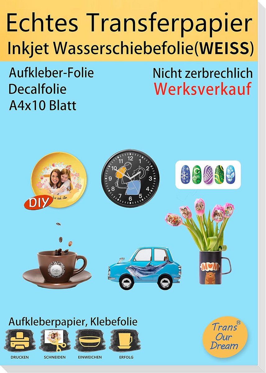 A4 Wit Inkjet Waterschuifpapier voor Keramiek, Glas, Metaal en Nail Art