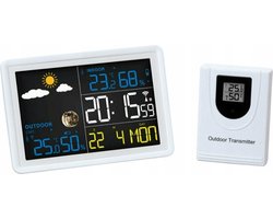 Weerstation - Draadloos Buitensensor - Thermo Hygrometer - Weersvoorspelling - Barometer - Weather Station - Radiogestuurde Klok - Alarmfunctie - Grote Kleurendisplay - Radiografisch Weerstation - Maanstand - Binnen Buiten - Kalender - Wekker - Wit