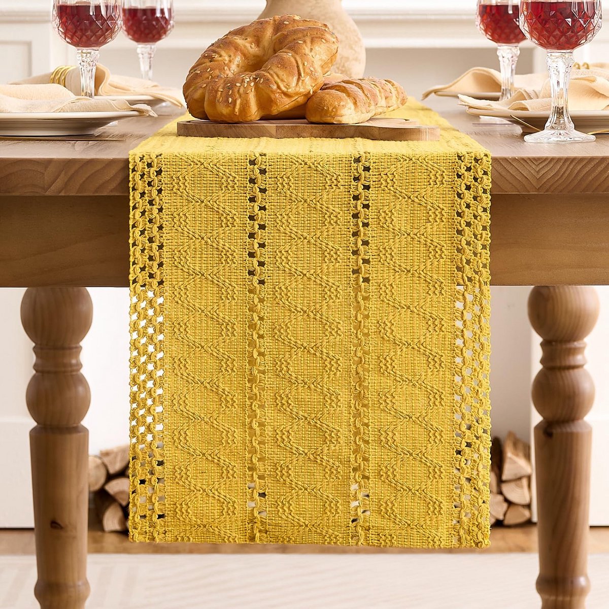 Boho Tafelloper Geel Katoen en Linnen voor Eettafel en Decoratie 30x90 cm