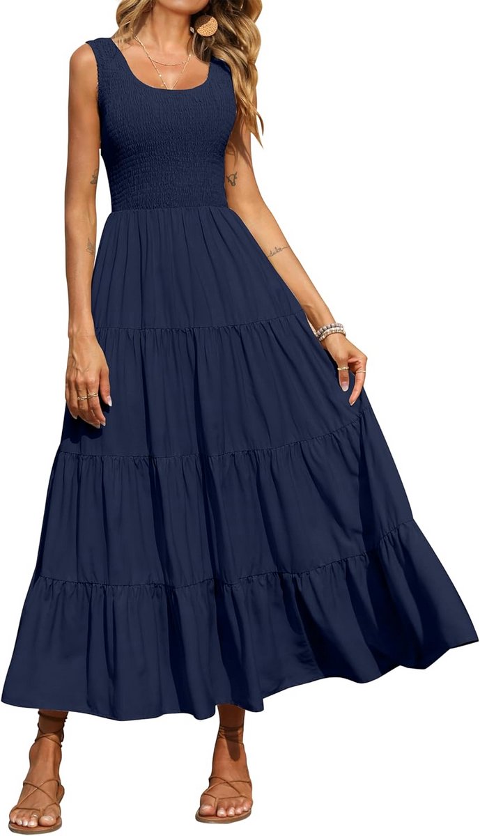 Zomerse Maxi Jurk Mouwloos met Smock Detail en Gelaagde Rok - Navy Blauw