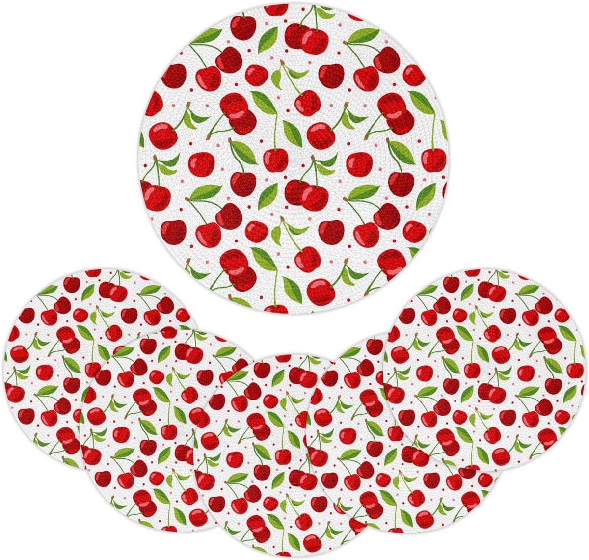 Set van 6 ronde gevlochten placemats met kersenprint, hittebestendig en wasbaar