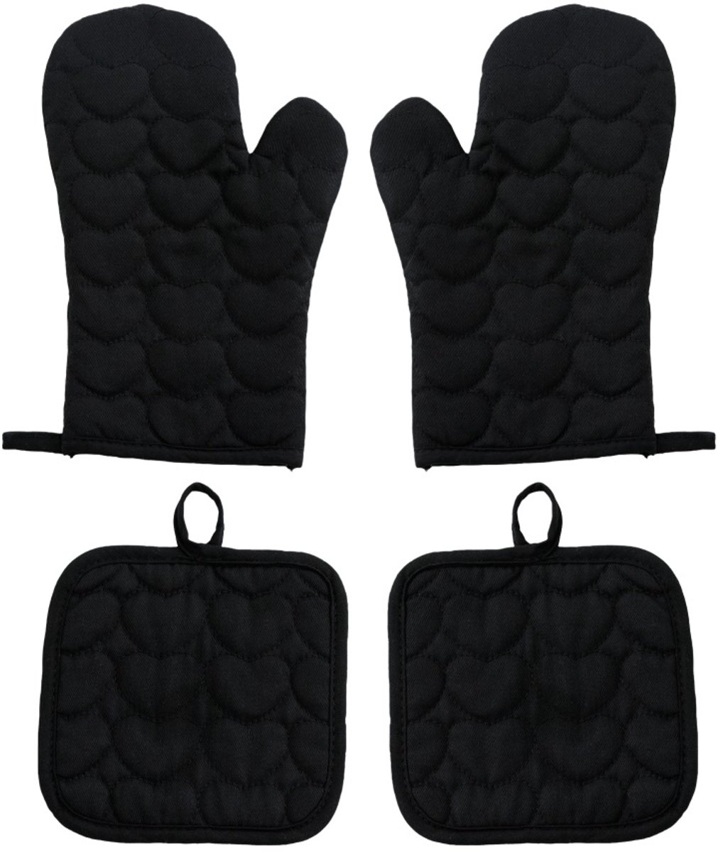 Vierdelige hittebestendige handschoenenset - Hittebestendige keukenhandschoenen en hittebestendige mat set - Hartvormige handschoenen en hittebestendige mat - Geschikt voor koken, bakken en grillen - Zwart