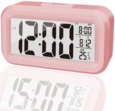 Réveil numérique amélioré - Affichage LED avec température - Réglage de la luminosité LED plus large - Calendrier portable avec fonction snooze - Fonctionne sur piles - Rose