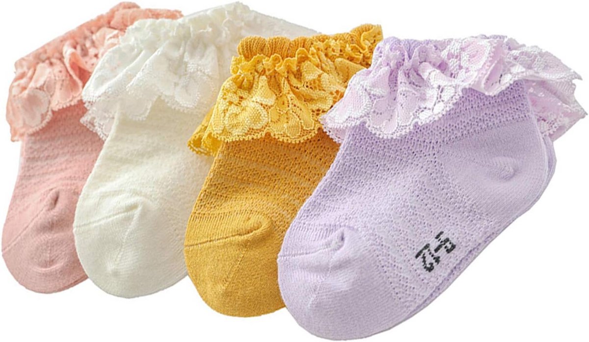 Set van 4 of 5 kanten babysokken van katoen voor meisjes, 0-5 jaar