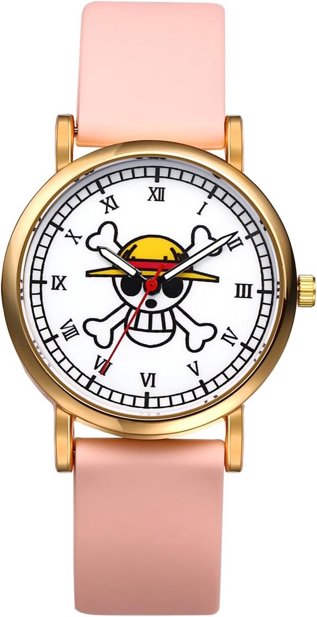 Unisex Analoog Quartz Polshorloge met Roze Siliconen Band - Cartoon Schedel Ontwerp - Voor Dames, Heren en Kinderen