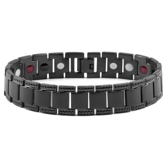 Zwarte schakelarmband met witte, rode en zwarte elementen.