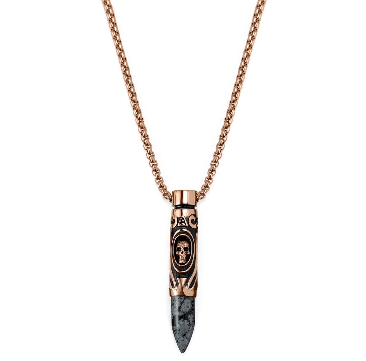 Rico Roségoudkleurige Ketting met Kogelhanger van Sneeuwvlokobsidiaan met Schedel
