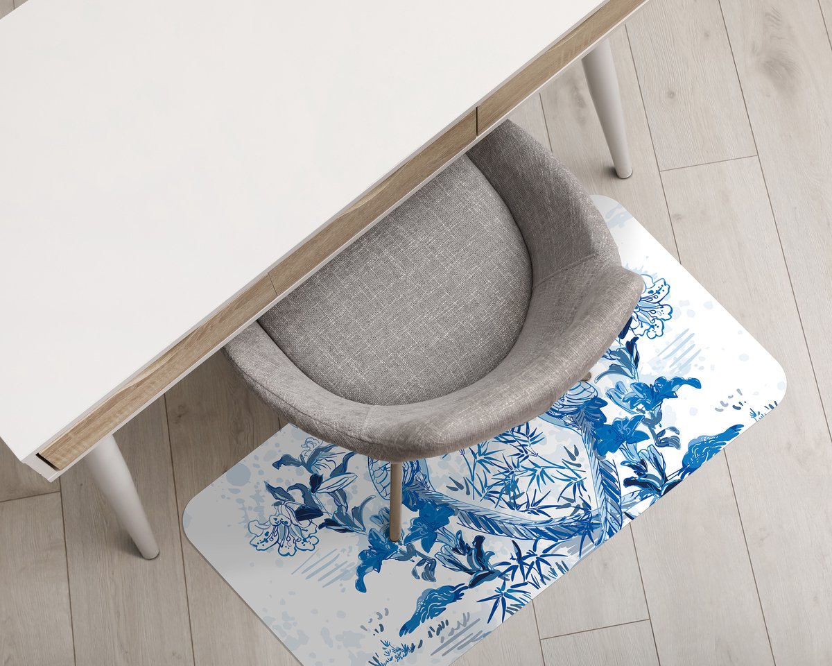 Coloray Vloerbeschermer - Houtsnede van blauwe vogels Vloerbeschermer Tapijt - 140x100 cm - Blauw Bureaustoelmat - Vloerbeschermer Vinyl - PVC Vloerbeschermer - Rechthoekige Mat - Dieren Thema Blauw - Houtsnede van blauwe vogels