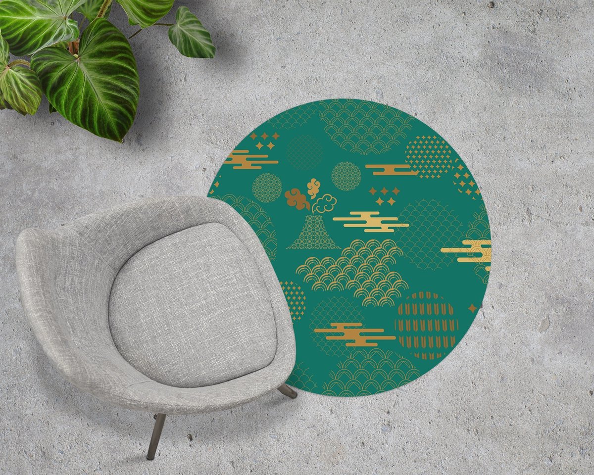 Coloray Vloerbeschermer - Japanse symbolen Stoel Mat - 100x100 cm - Groente Bureaustoelmat - Vloerbeschermer Vinyl - PVC Vloerbeschermer - Ronde Mat - Etnische Thema