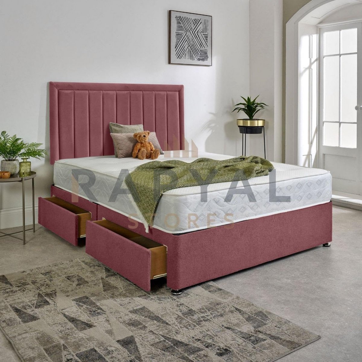 Luxe Divan Bed met Traagschuim Matras en Hoofdbord (Dubbel, Beige)