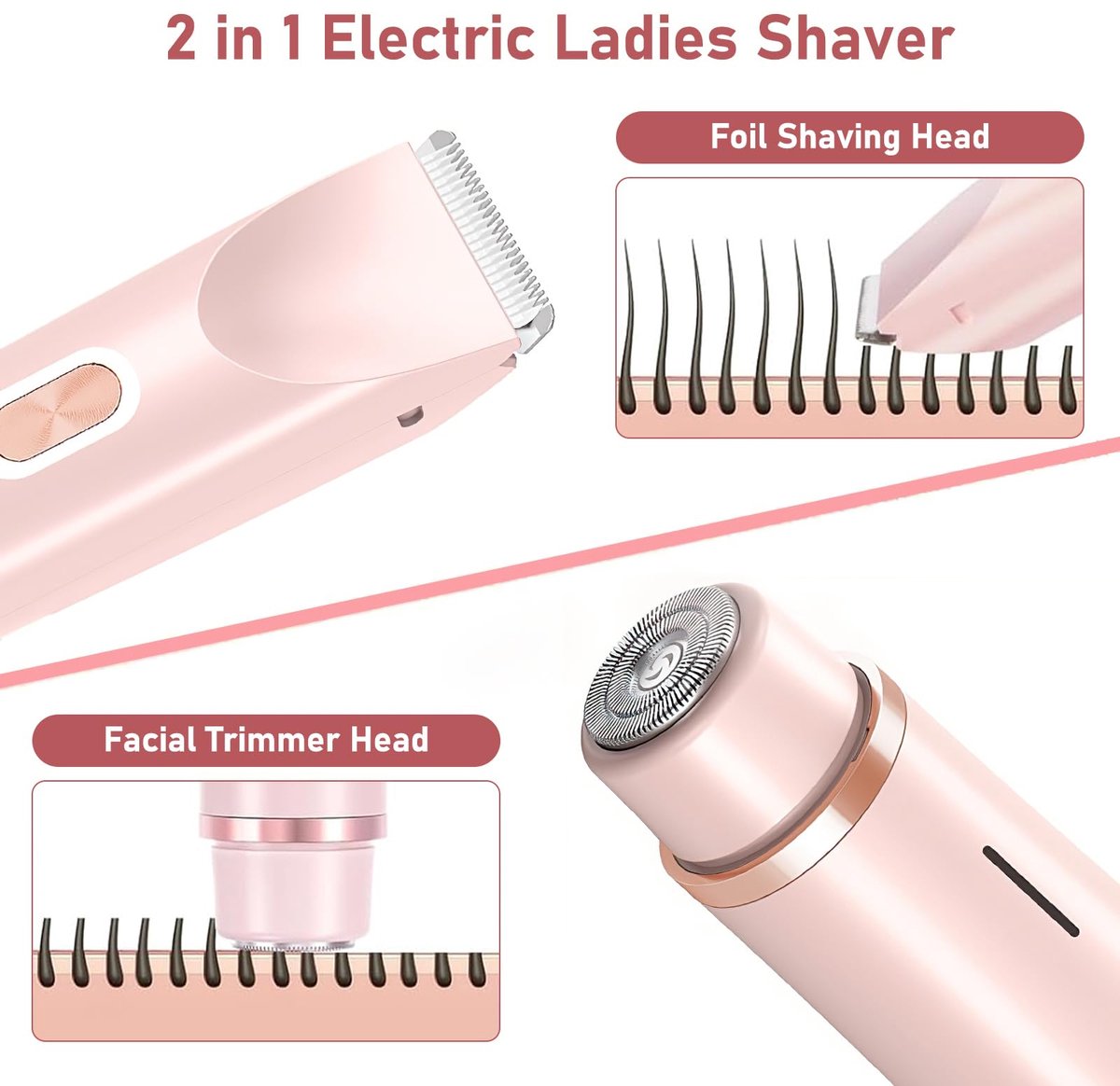2-in-1 Elektrische scheerapparaat voor vrouwen - bikinilijn trimmer, waterdicht, geschikt voor nat en droog gebruik, elektrische trimmer met dubbele kop voor oksels, benen en armen – foto 8