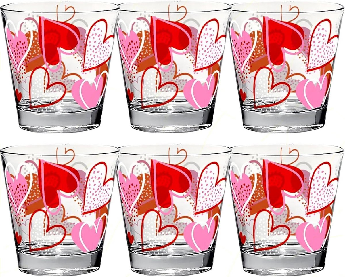 Set van 6 Waterglazen met Hartjesprint - 250 ml - Vaatwasmachinebestendig Borrelglas