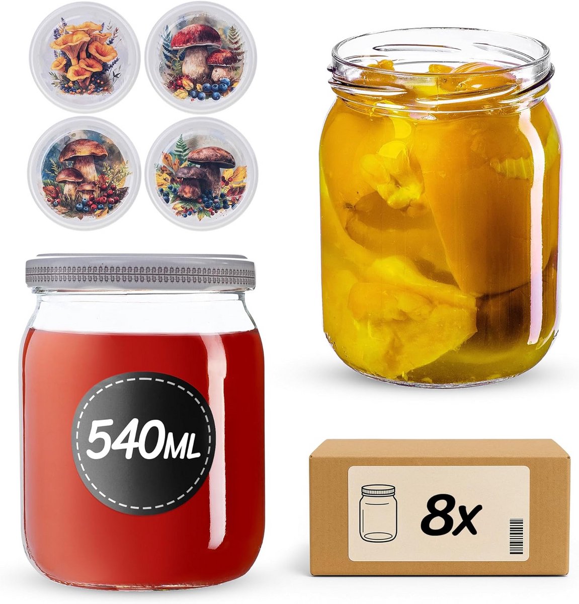 Glazen Weckpotten 540ml met Schroefdeksel voor Inmaken en Bewaren - 8 stuks