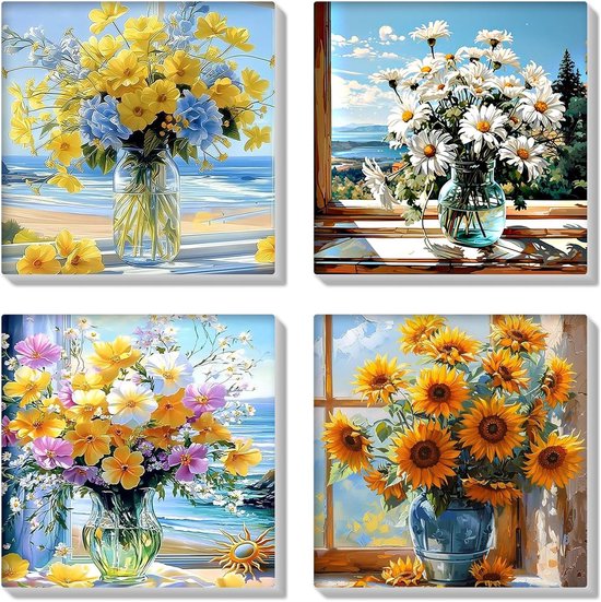 Foto: Set van 4 kleuren op nummer voor volwassenen met lijst doe het zelf bloemen schilderen op nummer sets voor beginners landschap olieverf kunst ambacht foto s voor creatieve hobby s