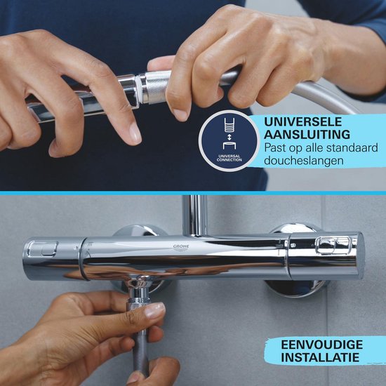 Chroom douchekraan met handdouche bevestiging. Universele aansluiting, past op alle doucheslangen. Eenvoudige installatie.