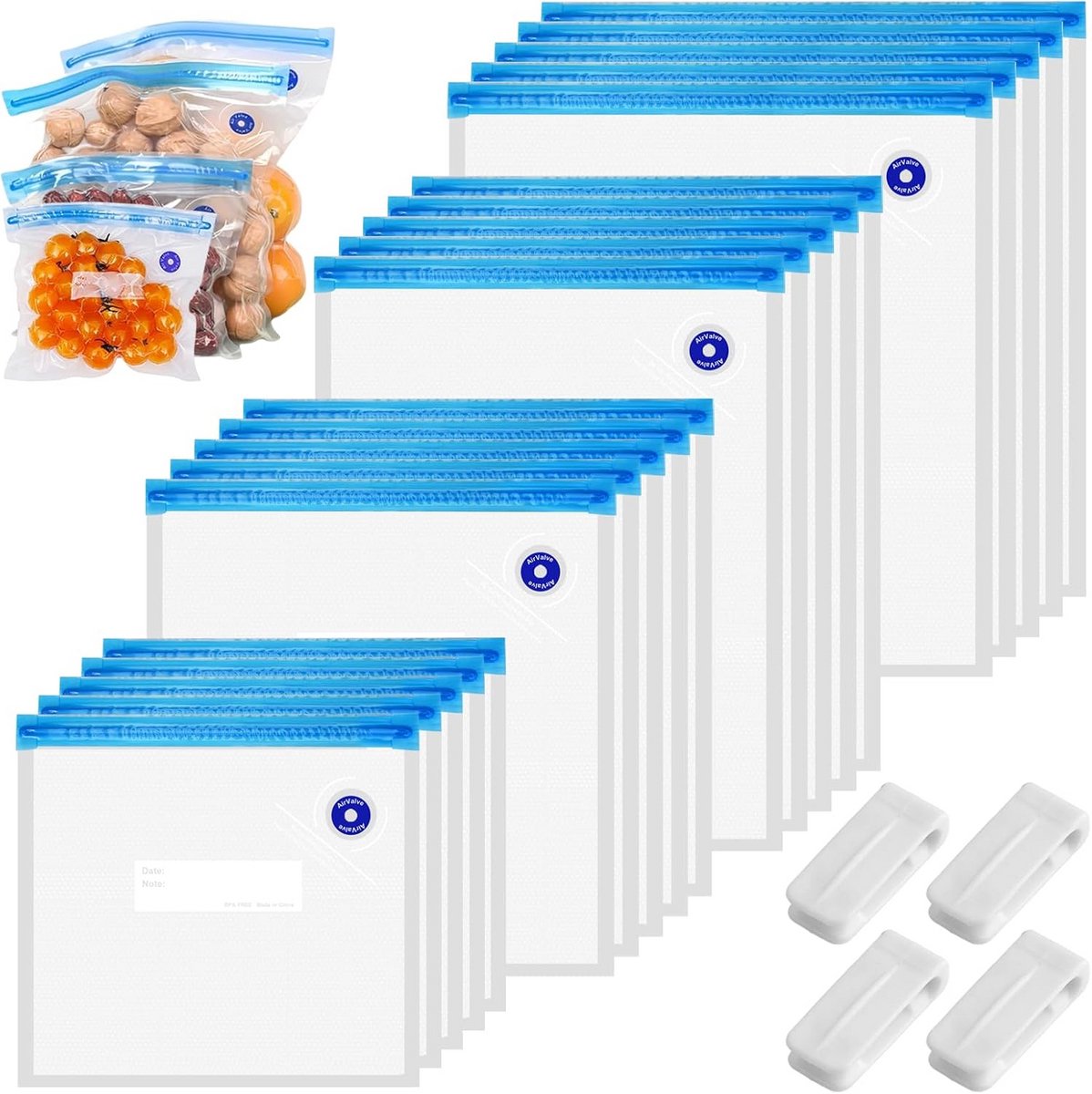 20 Herbruikbare Vacuümzakken met Ventiel in 4 Groottes voor Voedselopslag en Koken