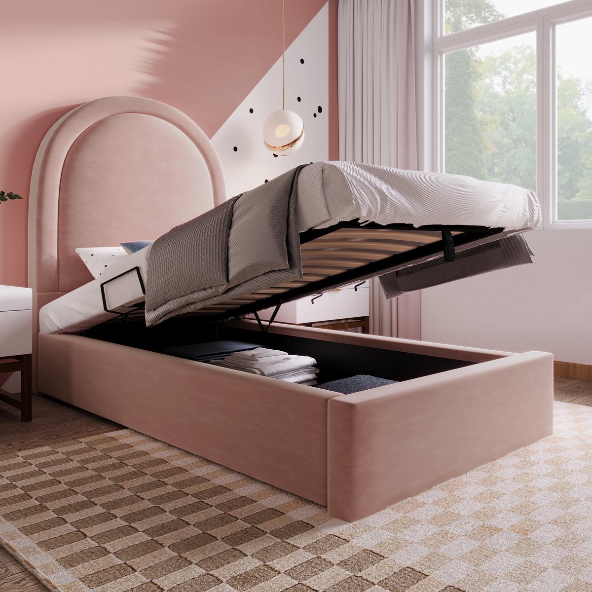 REDOM Opbergbed 90x190 cm – Fluweel – Hydraulisch – Halfrond hoofdbord – Roze – 150 kg
