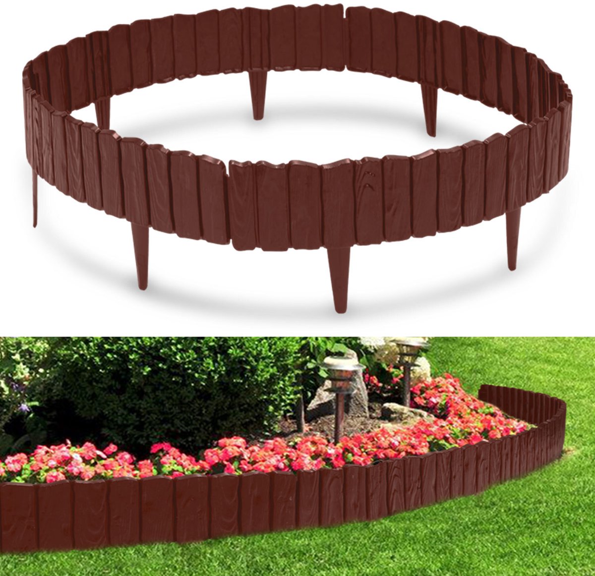 Kunststof Gazonrand Houtlook - 9.2m Set van 16 stuks Borderrand - Bedrand Maairand Decoratief Bloembedrand Maaikant voor Tuinpalissade - Bruin