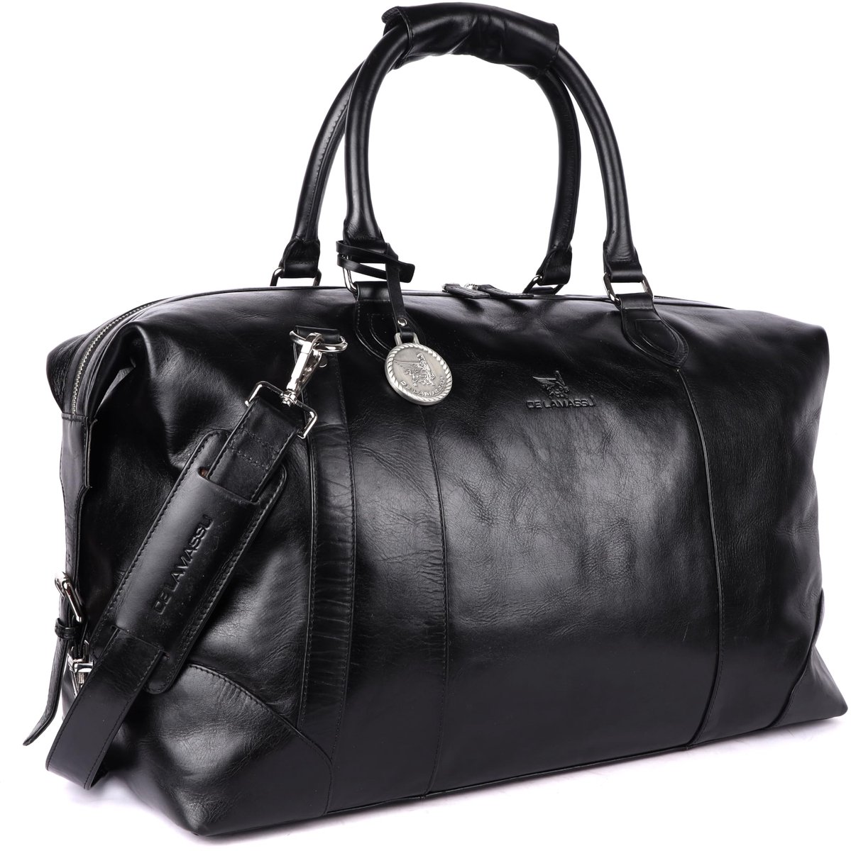 DE LAMASSU® (Rafael) reistas van echt leer – unisex weekender 50 × 35 × 28 cm – verstelbare schouderriem, uitbreidbaar met zijdelingse gespen, beschermvoetjes, cadeauverpakking