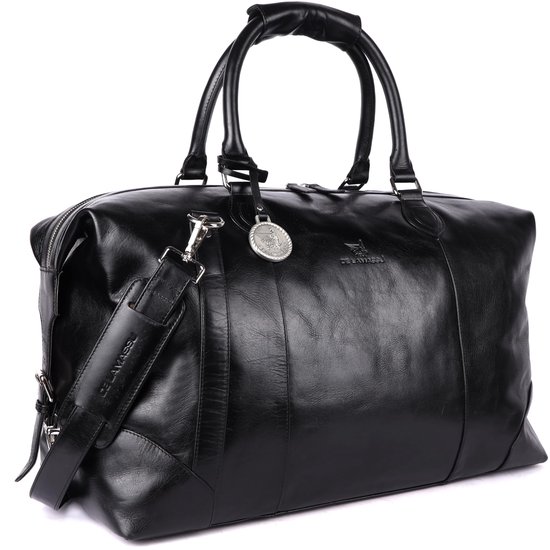 Le sac de voyage DE LAMASSU® (Rafael) en cuir véritable – weekender unisexe 50 × 35 × 28 cm – sangle d'épaule réglable, extensible avec boucles latérales, pieds de protection, emballage cadeau
