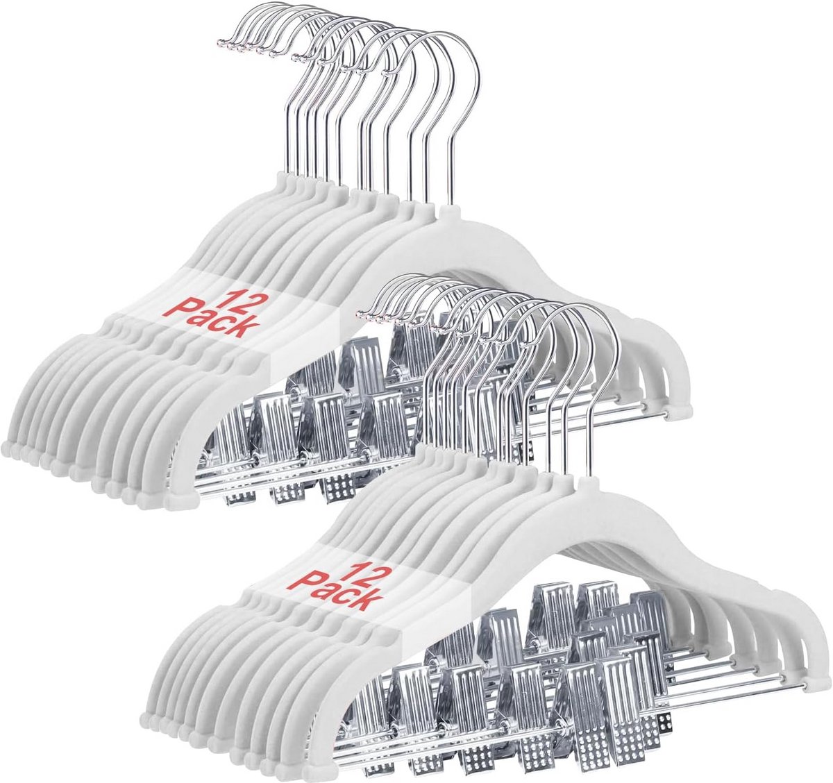 Kinderkleerhangers met clip 30 cm - 24 stuks wit, antislip fluwelen hangers voor kinderen met 360° draaibare haak
