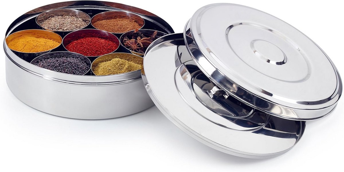RVS Kruidenpot Set met 7 Vakken en Deksel - Masala Dabba voor Specerijen