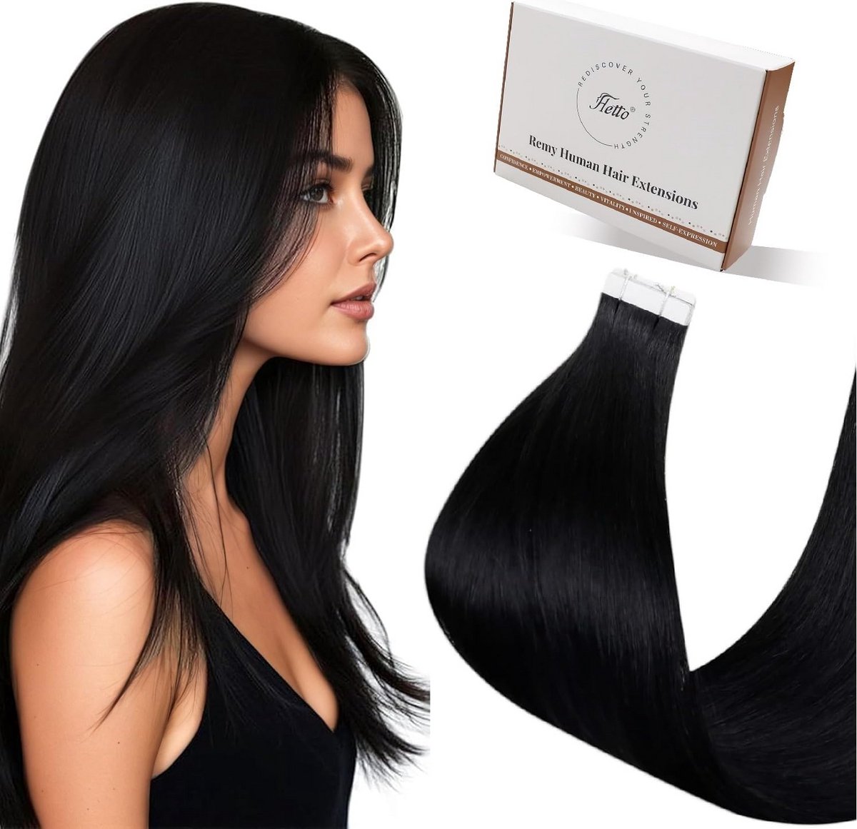 Tape in Hair Extensions Echt Menselijk Haar Zwart 45 cm - 20 Stuks, 50g
