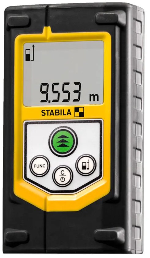 Gele en zwarte afstandsmeter van Stabila met een helder display dat 9.553 m aangeeft.