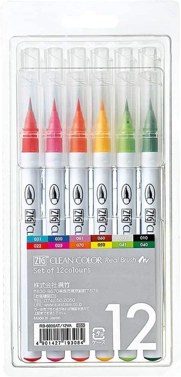 Set van 12 Real Brush Pennen, Wateroplosbaar en Geurloos voor Illustratie en Tekenen