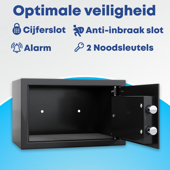 Coffre-fort Earkings 20x32x20 cm avec serrure à combinaison - Coffre-fort pour caisse électronique - Matériel de montage inclus, deux clés d'urgence et serrure d'alarme