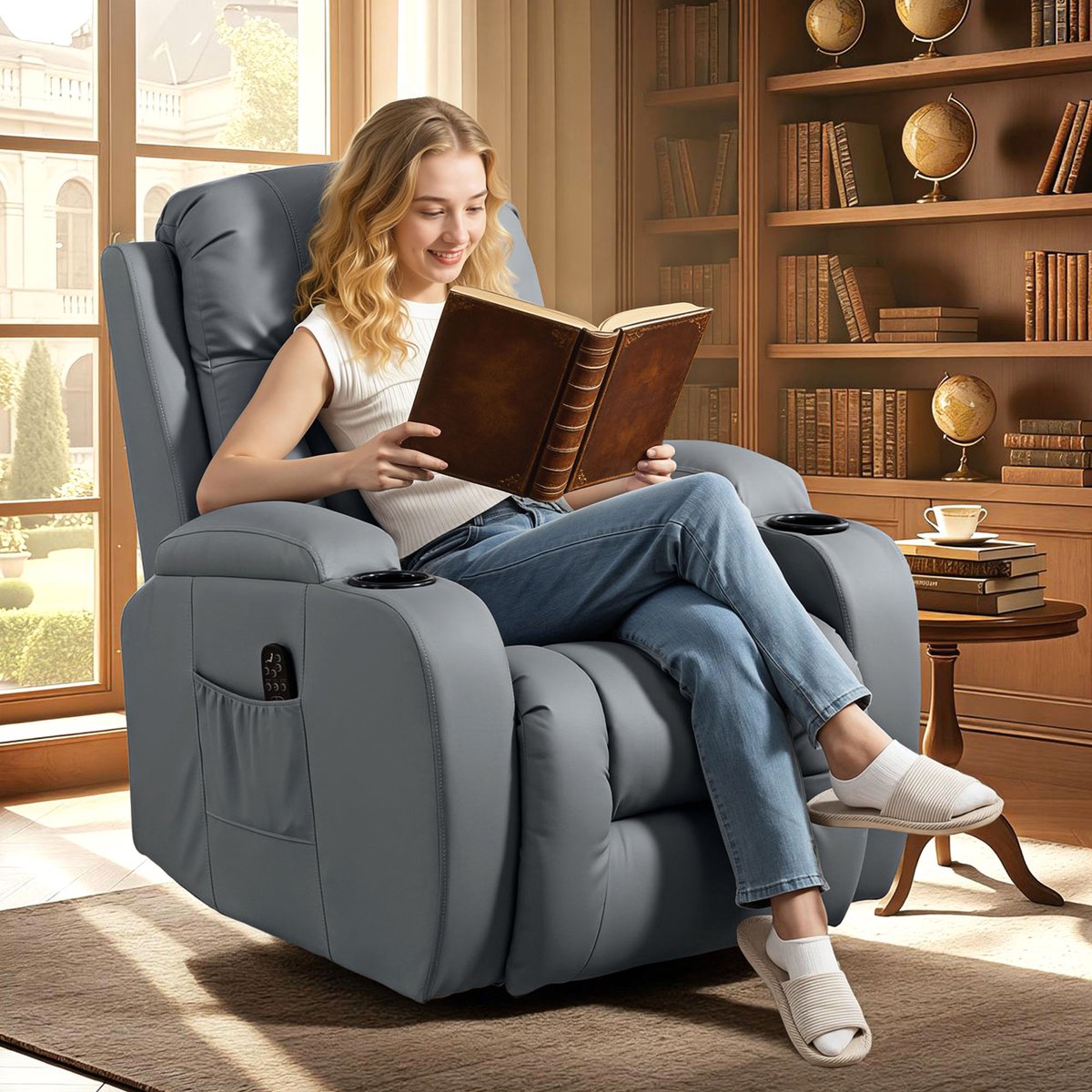 HOMCOM Massage Relaxstoel met Warmtefunctie - Relaxfauteuil - Tv-stoel - Ligstoel - Lichtgrijs – foto 8