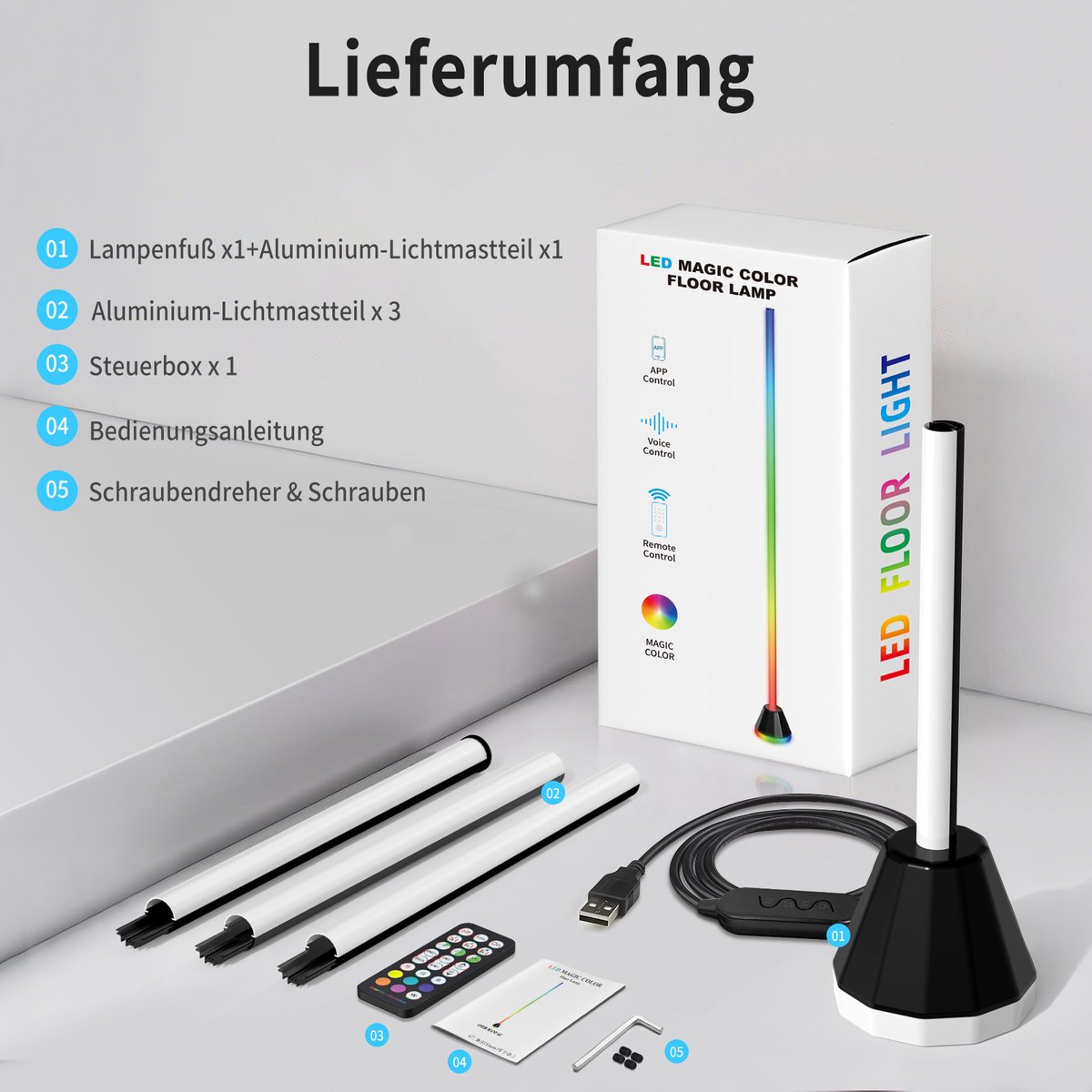 RAYOFI LED-vloerlamp -145 cm-LED vloerlamp dimbaar RGBIC - Vloerverlichting - Wit licht/meerkleurige sfeerverlichting - Ondersteunt bediening via app en afstandsbediening - Creëert de perfecte sfeer voor slaapkamers, woonkamers en speelkamers thumbnail 8