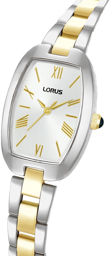 Gouden en zilverkleurig horloge met ovale witte wijzerplaat, Romeinse cijfers en gouden kroon met zwarte steen.