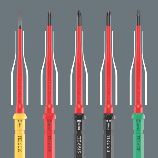 Vijf Wera TIE schroevendraaiers met verschillende doppen en gekleurde handvatten: geel, rood, zwart, groen.