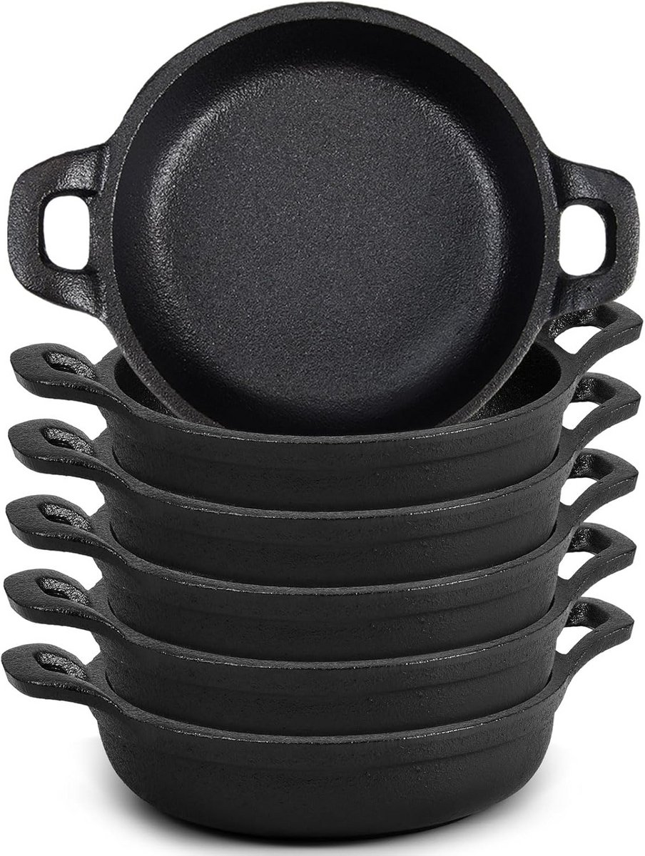 Set van 6 Mini Gietijzeren Koekenpannen 13 cm - Ovenvaste Ramekins voor Bakken & Grillen
