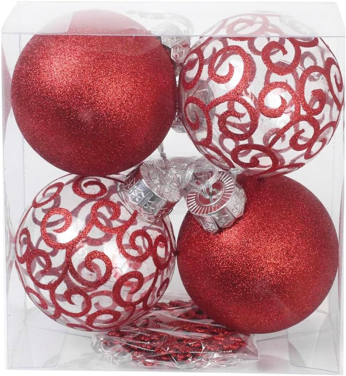 Famanu Set van 8 grote onbreekbare glitter sneeuwballen en sneeuwvlokken - kerstornamenten - duurzaam materiaal - feestelijke decoratie voor kerstboom en interieur - eenvoudig op te hangen Rood