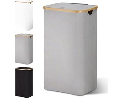 Wasmand 85 liter opvouwbaar met deksel en waszak, bamboe hout, smal design, grijze wasverzamelaar.